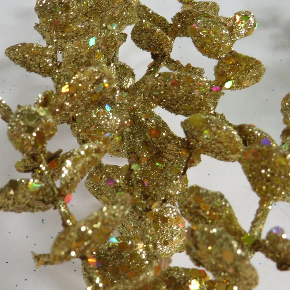 Gold Glitter Leaves with RAINBOW Glitter mixed in (3) Floral Stems Faux Floral